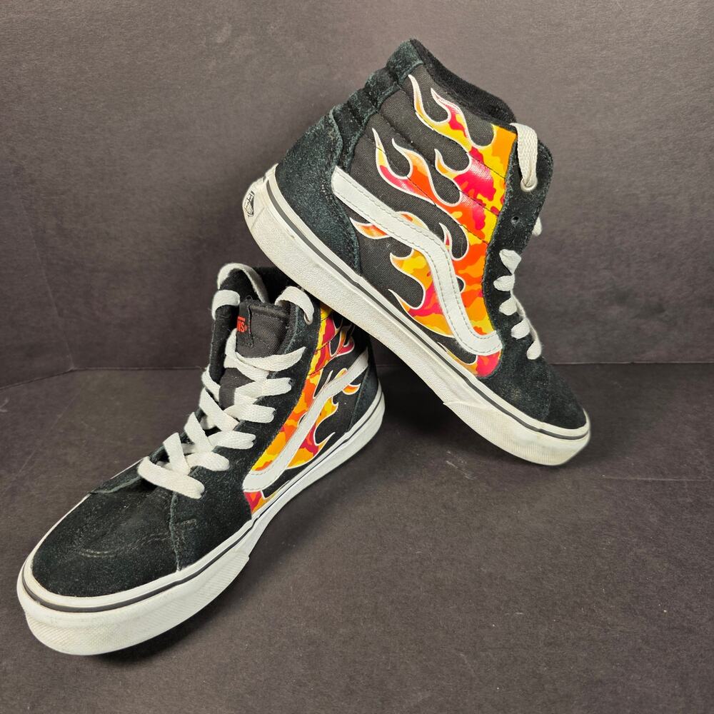 Vans Sz 3Y Sk8- Hi-Reissue Sneakers Red Flame Design Black Suede & Canvas